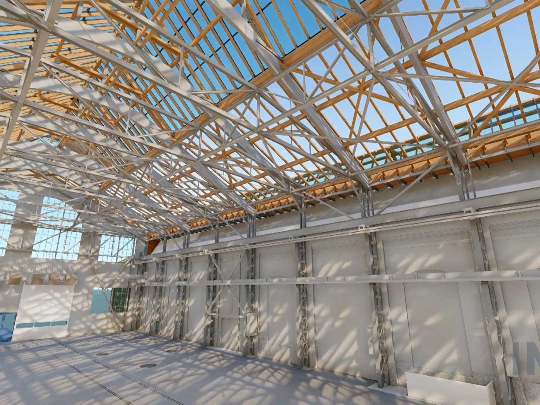 Stahlkonstruktion. 3D-Modell. Gebäudeaufnahme. ING PLUS