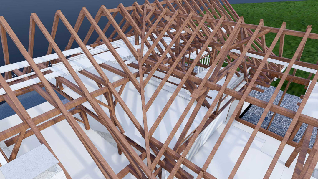 Wildberg. 3D-Modell für Umbau Wohnhaus mit Scheune. 3D-Dachkonstruktion. ING PLUS