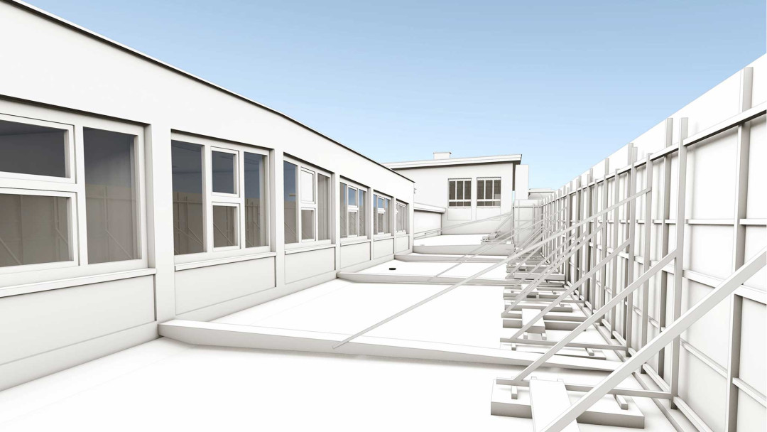 3D-Grundriss vom Dach des Gewerbebaus Binelli Automobile. Gebäudeaufnahme. ING PLUS