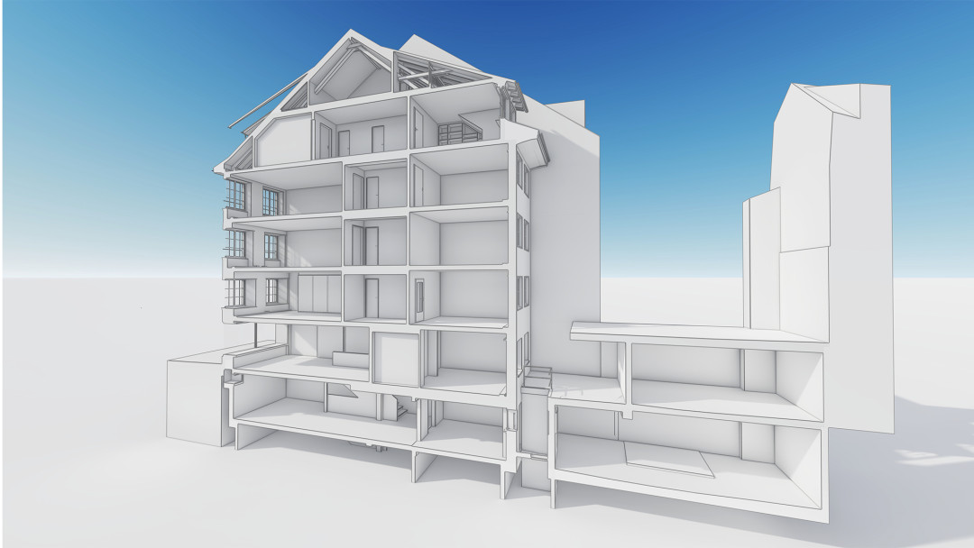 Winterthur. Wohn- und Geschäftshaus 3D-Schnitt aus Gebäudeaufmass. ING PLUS