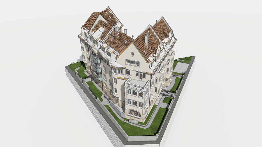 St. Gallen. Umbau eines Mehrfamilienhauses. 3D-Dachstock aus Gebäudeaufnahme. ING PLUS