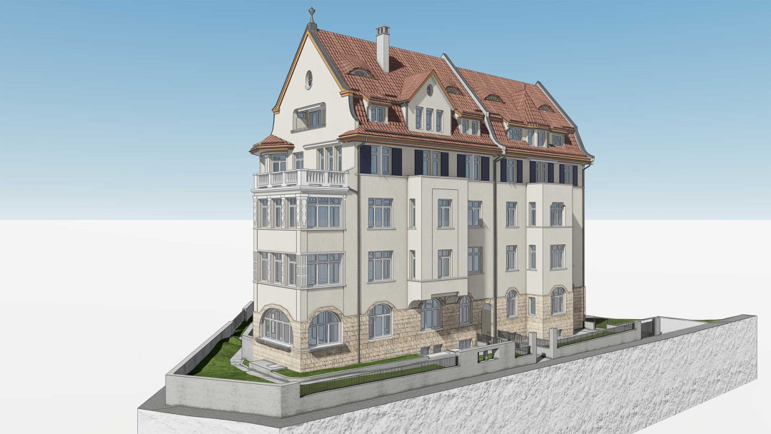 St. Gallen. Umbau eines Mehrfamilienhauses. 3D-Fassade aus Gebäudeaufnahme. ING PLUS