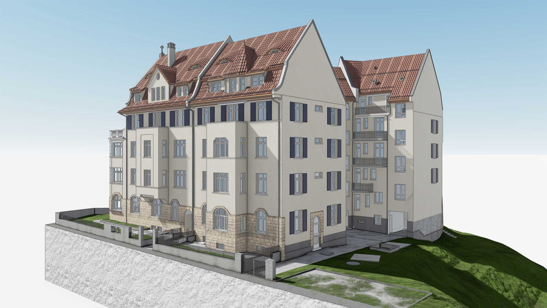St. Gallen. Umbau eines Mehrfamilienhauses. 3D-Modell aus Gebäudeaufnahme. ING PLUS