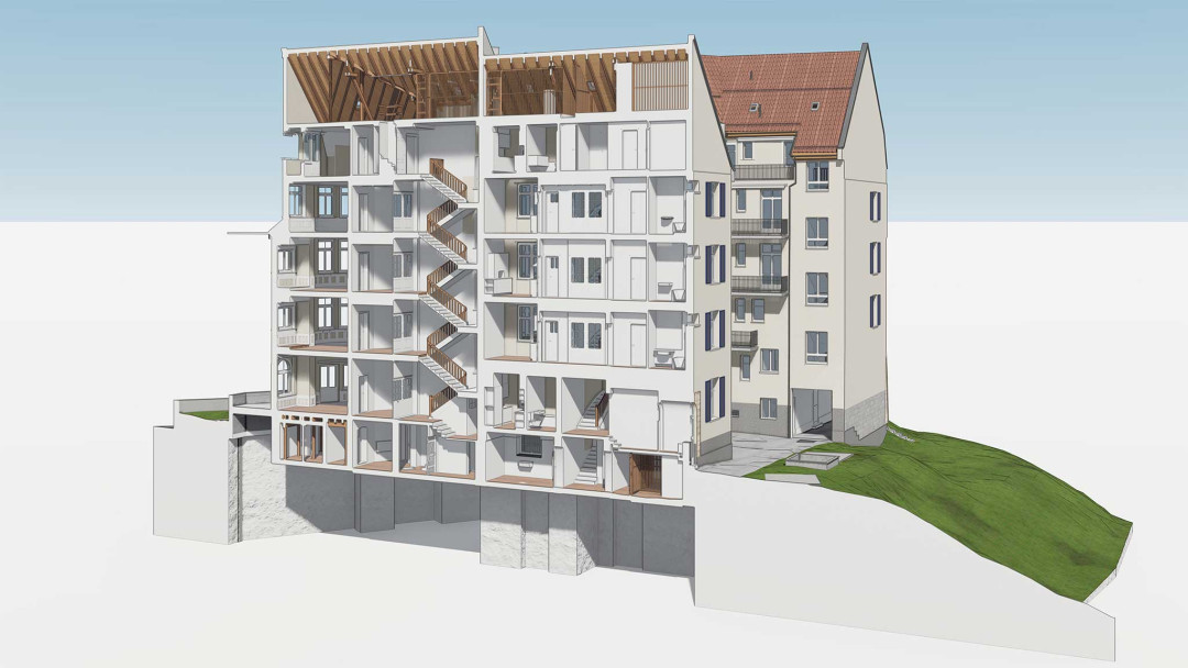 St. Gallen. Umbau eines Mehrfamilienhauses. 3D-Schnitt aus Gebäudevermessung. ING PLUS